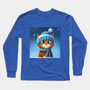 Winter Cat Girl With a Hat and Scarf in Winter Scenery Long Sleeve T-Shirt